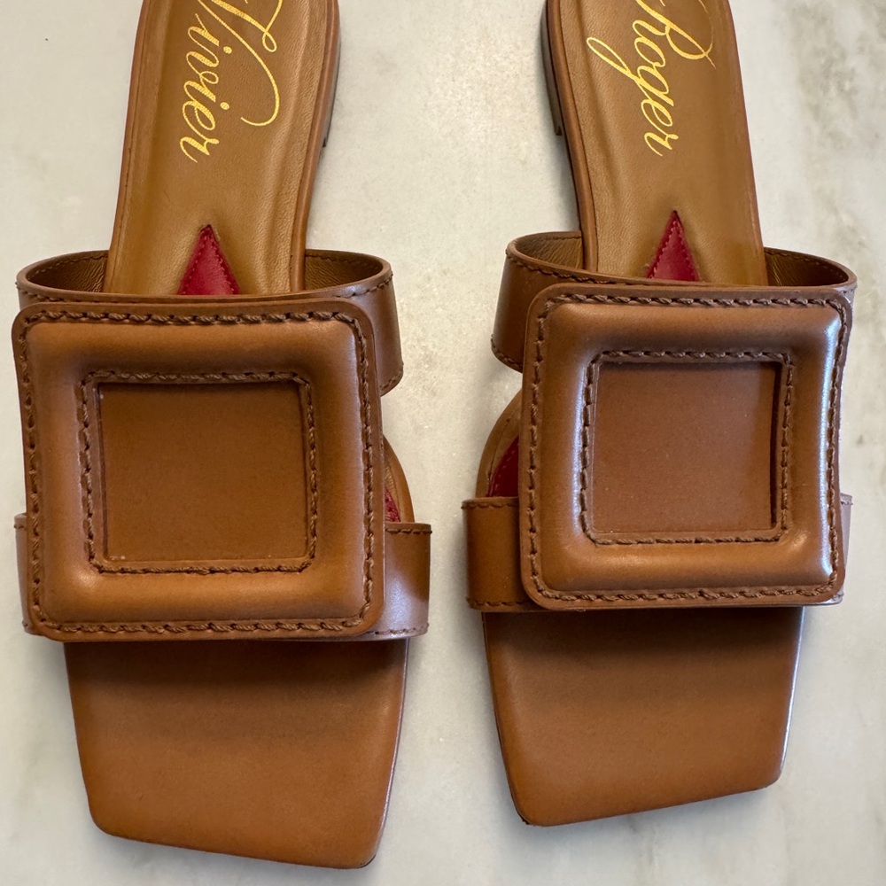 Roger Vivier Tan Leather Slide Mules with Buckle Accent